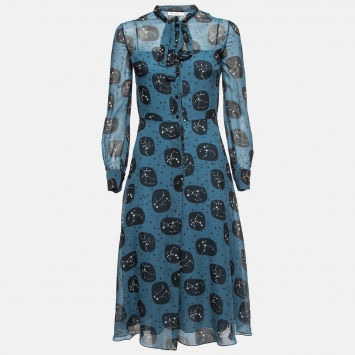 Pre Owned Dior Blue Constellation Printed Silk Tie-Neck Detail A-Line Midi Dress S