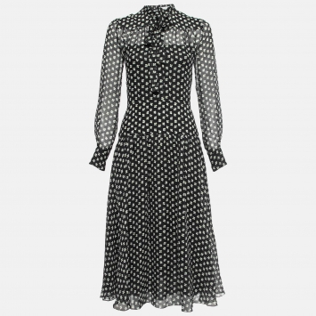 Pre Owned Dior Black Floral Printed Silk Button Front Flared Midi Dress S