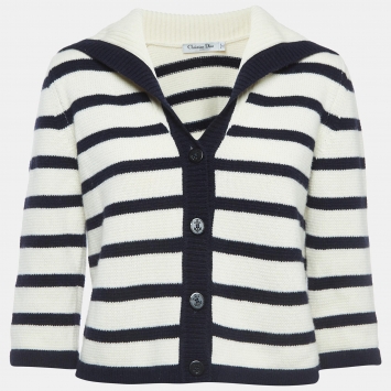 Pre Owned Christian Dior Cream/Navy Blue Striped Knit Buttoned Cardigan M