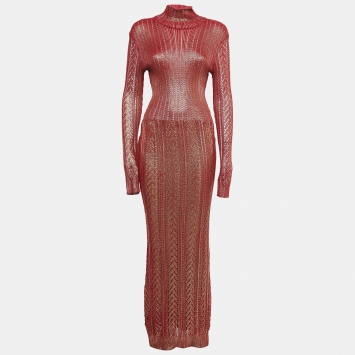 مملوكة مسبقًا Christian Dior Boutique Red/Metallic Gold Effect Cable Knit Maxi Dress M