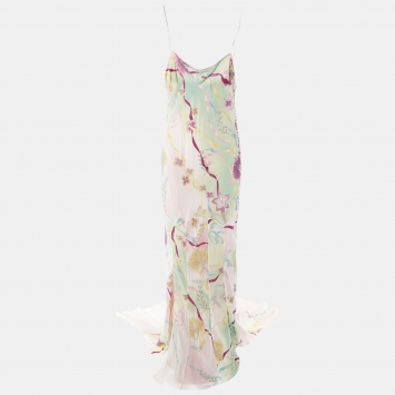 Pre Owned Dior Vintage Green/Pink Floral Print Silk Maxi Dress L