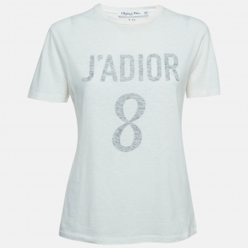 Pre Owned Dior White Printed Cotton and Linen Crew Neck T-Shirt S