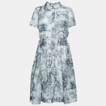 Pre Owned Dior White Toile De Jouy Print Cotton Midi Shirt Dress L
