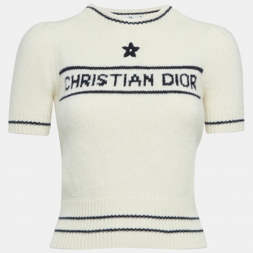 Pre Owned Dior Ecru White Logo Intarsia Wool Sweater Top S
