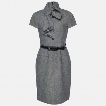 Pre Owned Dior Monochrome Wool Bow Detail Belted Dress M