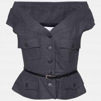 Pre Owned Dior Dark Grey Wool Belted Skirt Suit L
