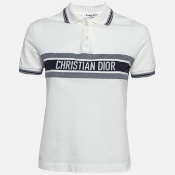 Pre Owned Christian Dior White/Blue Logo Jersey Polo T-Shirt XS