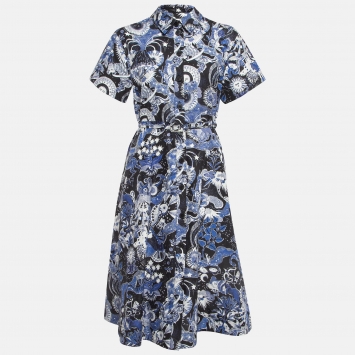 Pre Owned Christian Dior Blue Celestial Print Poplin Belted Midi Dress M