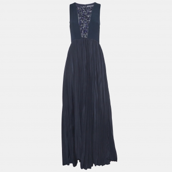 Pre Owned Dior Navy Blue Embellished Silk Pleated Maxi Dress S