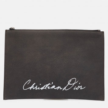 Pre Owned Dior Dark Grey Nubuck Leather 1947 Lily of the Valley Pouch