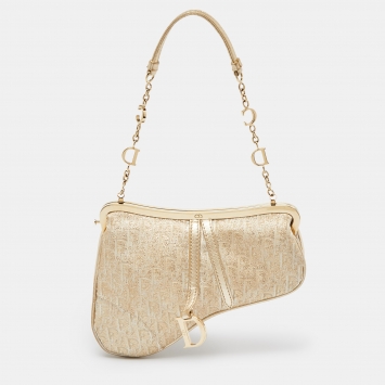 Pre Owned Dior Gold Oblique Jacquard and Leather Frame Saddle Bag