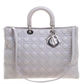 Pre Owned Dior Grey Leather Extra Large Lady Dior Tote