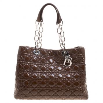 Pre Owned Dior Brown Cannage Patent Leather Large Shopping Tote