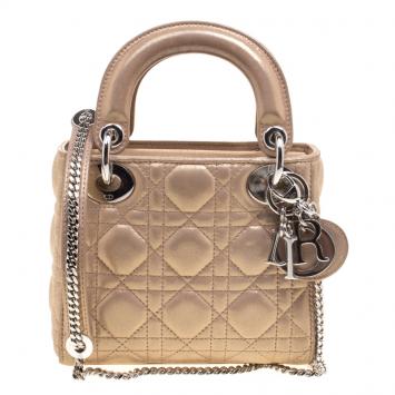 Pre Owned Dior Metallic Gold Shimmering Leather Mini Chain Lady Dior Tote