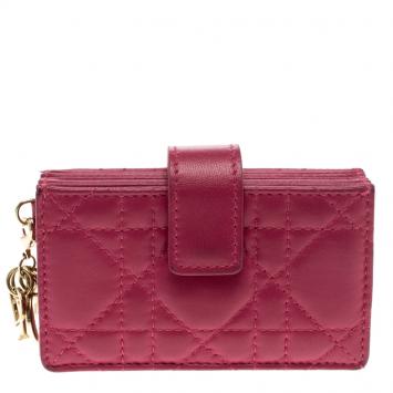 Pre Owned Dior Fuchsia Cannage Leather Gusset Card Holder