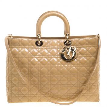 Pre Owned Dior Beige Patent Leather Extra Large Lady Dior Tote