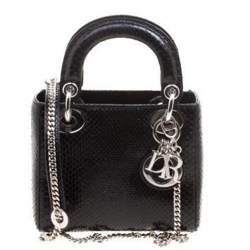 Pre Owned Dior Black Python Mini Chain Lady Dior Tote