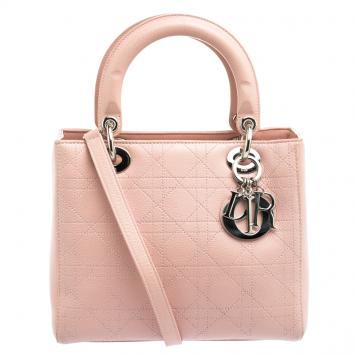Pre Owned Dior Peach Leather Medium Lady Dior Tote