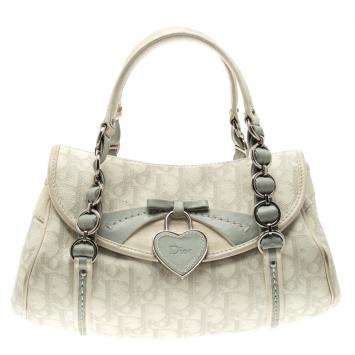 Pre Owned Dior Off White/Grey Monogram Coated Canvas Trotter Romantique Boston Bag