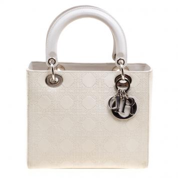 Pre Owned Dior Off White Leather Medium Lady Dior Tote