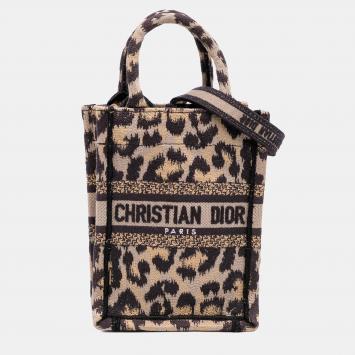 Dior Brown Mizza Mini Embroidered Canvas Leopard Vertical Book Tote