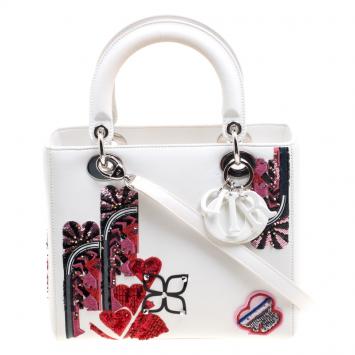 Pre Owned Dior White Leather Medium Sequin Embellished Lady Dior Tote