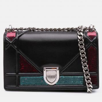 Pre Owned Dior Black Mini Lambskin Sequin Diorama Flap