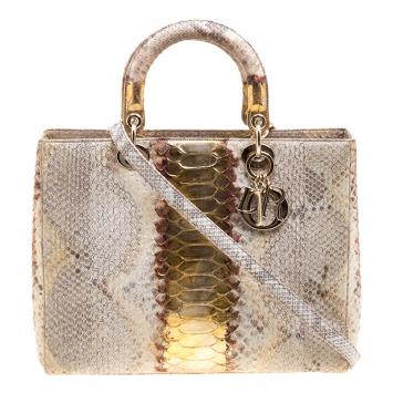 Pre Owned Dior Beige/Gold Python Large Lady Dior Tote