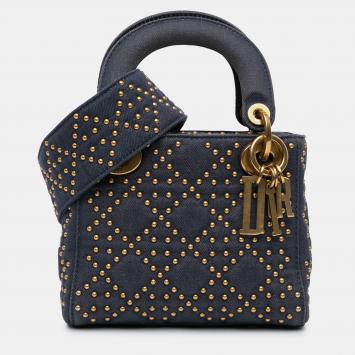 Pre Owned Dior Blue Mini Denim Cannage Studded Supple Lady Dior