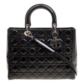 Pre Owned Dior Black Patent Leather Large Lady Dior Tote