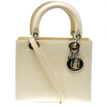 Pre Owned Dior Cream Patent Leather Medium Lady Dior Tote