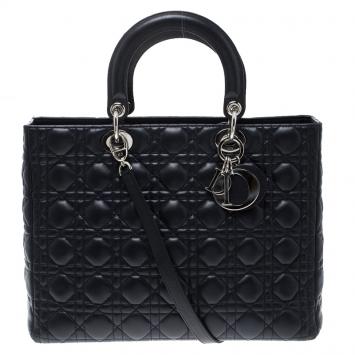 Pre Owned Dior Navy Blue Leather Large Lady Dior Tote