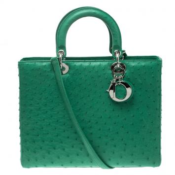 Pre Owned Dior Green Ostrich Skin Large Lady Dior Tote
