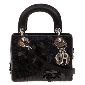 Pre Owned Dior Black Sequin and Satin Mini Lady Dior Tote