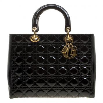 Pre Owned Dior Black Patent Leather Large Lady Dior Tote