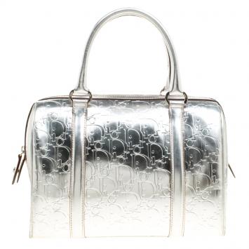 Pre Owned Christian Dior Metallic Silver Oblique Monogram Leather Boston Bag