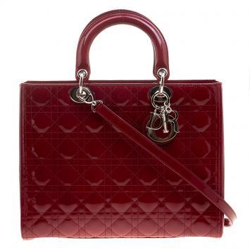 Pre Owned Dior Red Patent Leather Large Lady Dior Tote