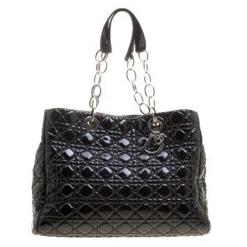 Pre Owned Dior Black Cannage Quilted Soft Patent Leather Large Shopping Tote
