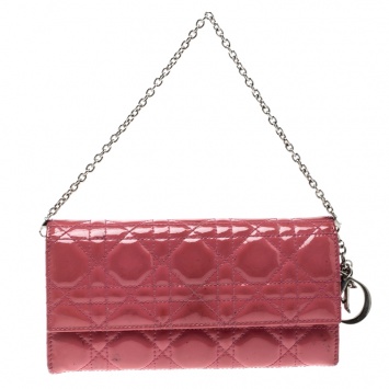 Pre Owned Dior Pink Cannage Patent Leather Wallet on Chain