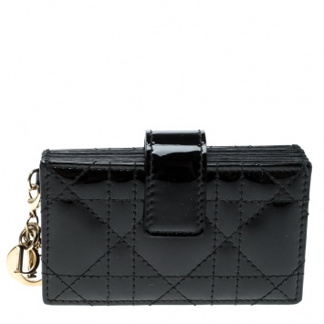 Pre Owned Dior Black Patent Cannage Leather Gusset Card Holder