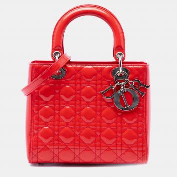 Pre Owned  Christian Dior Lady Dior Medium Red Patent Cannage Calfskin Leather Top Handle Bag
