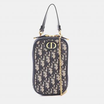 Pre Owned Dior 30 Montaigne Call'in Dior Blue Oblique Jacquard Canvas Leather Phone Holder Bag