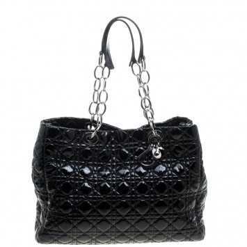 Pre Owned Dior Black Cannage Quilted Soft Patent Leather Large Shopping Tote