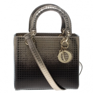 Pre Owned Dior Metallic Gold/Brown Perforated Patent Leather Medium Lady Dior Tote