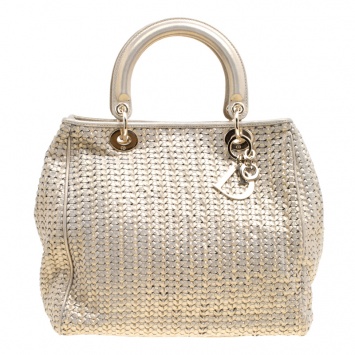 Pre Owned Dior Metallic Gold Woven Leather Medium Soft Lady Dior Tote