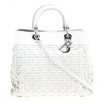 Pre Owned Dior White Woven Leather Lady Dior Avenue Tote