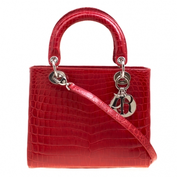 Pre Owned Dior Red Crocodile Medium Limited Edition 136 Lady Dior Tote