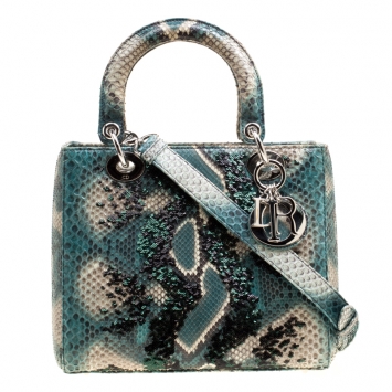 Pre Owned Dior Green Python and Sequin Medium Lady Dior Top Handle Bag