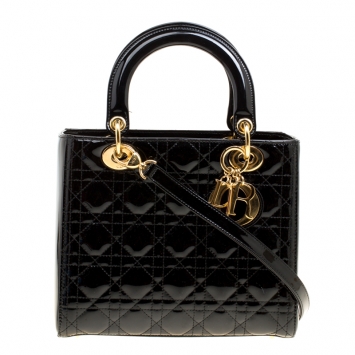 Pre Owned Dior Black Patent Leather Medium Lady Dior Top Handle Bag