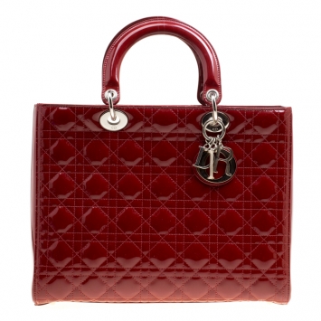 Pre Owned Dior Red Patent Leather Large Lady Dior Tote